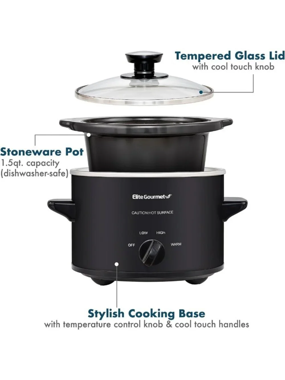 1.5 Qt Electric Ceramic Slow Cooker - Adjustable Temp, Dishwasher-Safe, Perfect